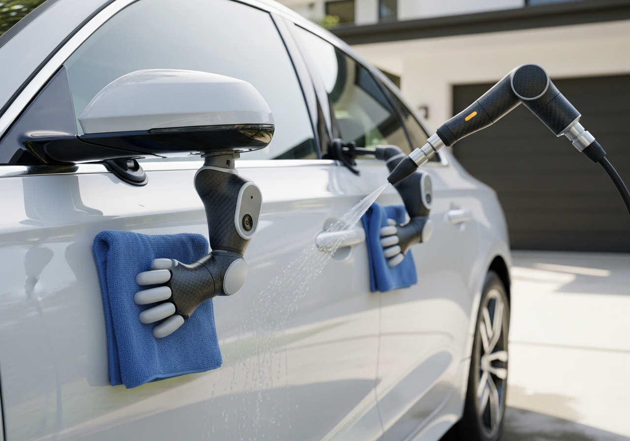 Two arms washing a car
