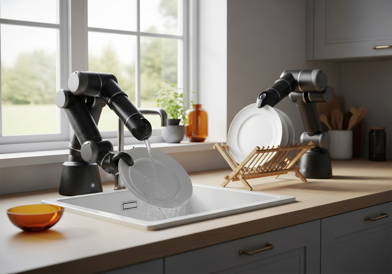 Two arms washing dishes at the sink